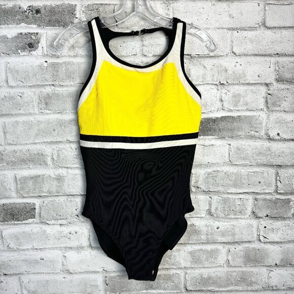 Vintage Black Yellow Colour Block High Square Neck One Piece Swimsuit - Picture 1 of 10